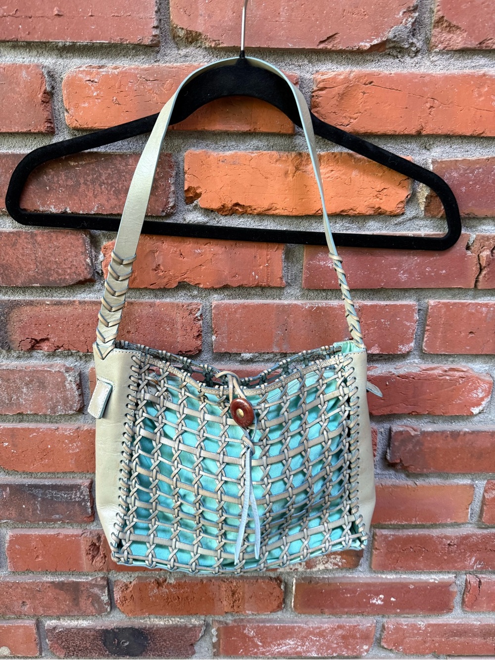 The Sak Woven Leather-Trim Shoulder Bag in Aqua and Cream